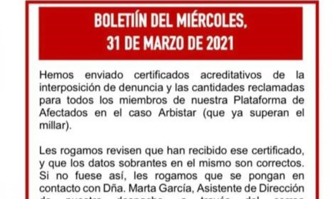 Boletín del miércoles, 31 de marzo de 2021